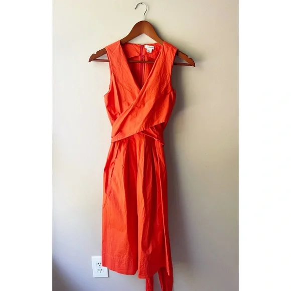 J. Crew Orange Coral Wrap Midi Cotton Summer Dress Size 0 - Picture 2 of 3